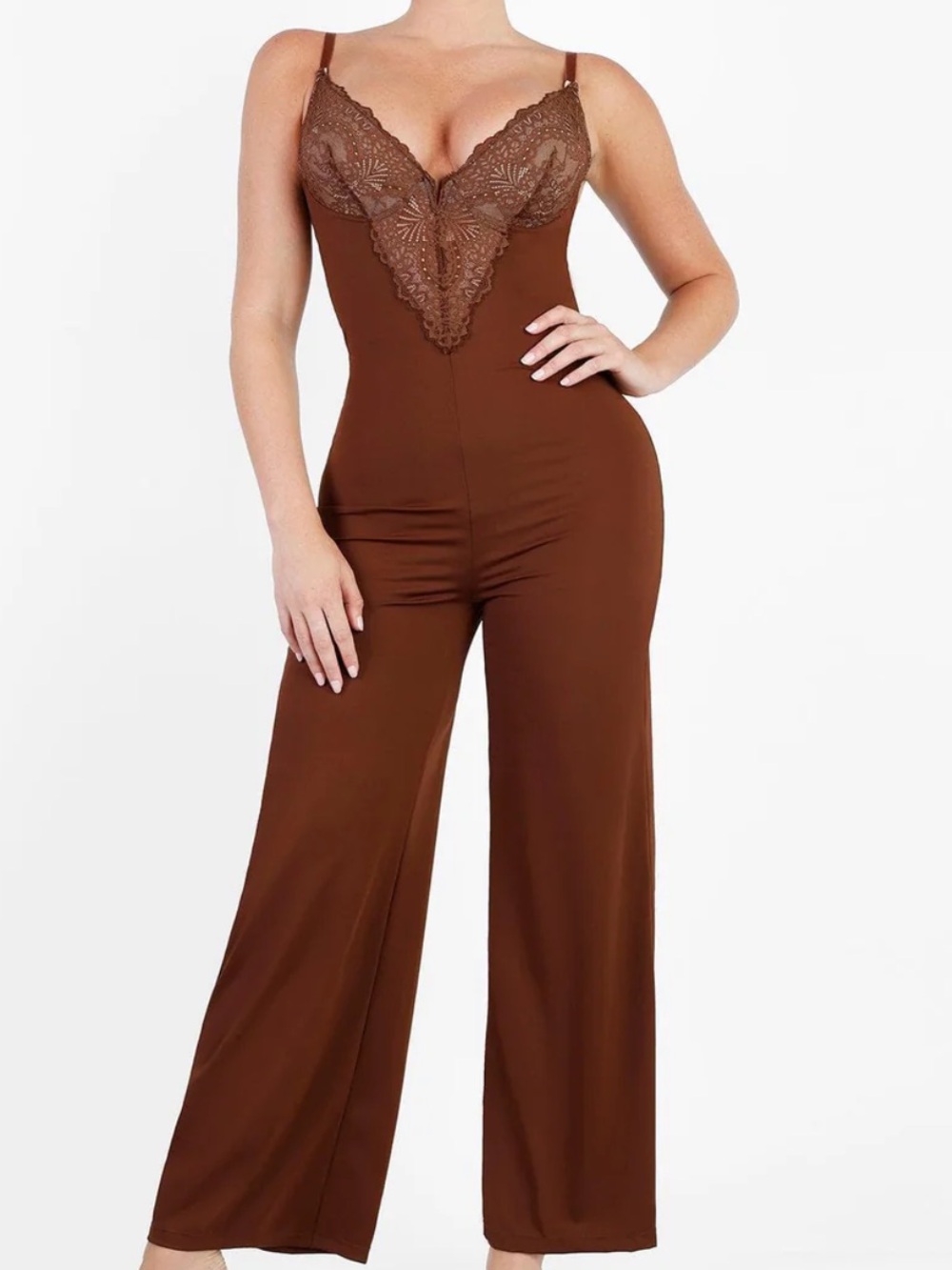 Shapewear Lace Deep V-Neck Sculpting Wide Leg Jumpsuit built in Shapewear
